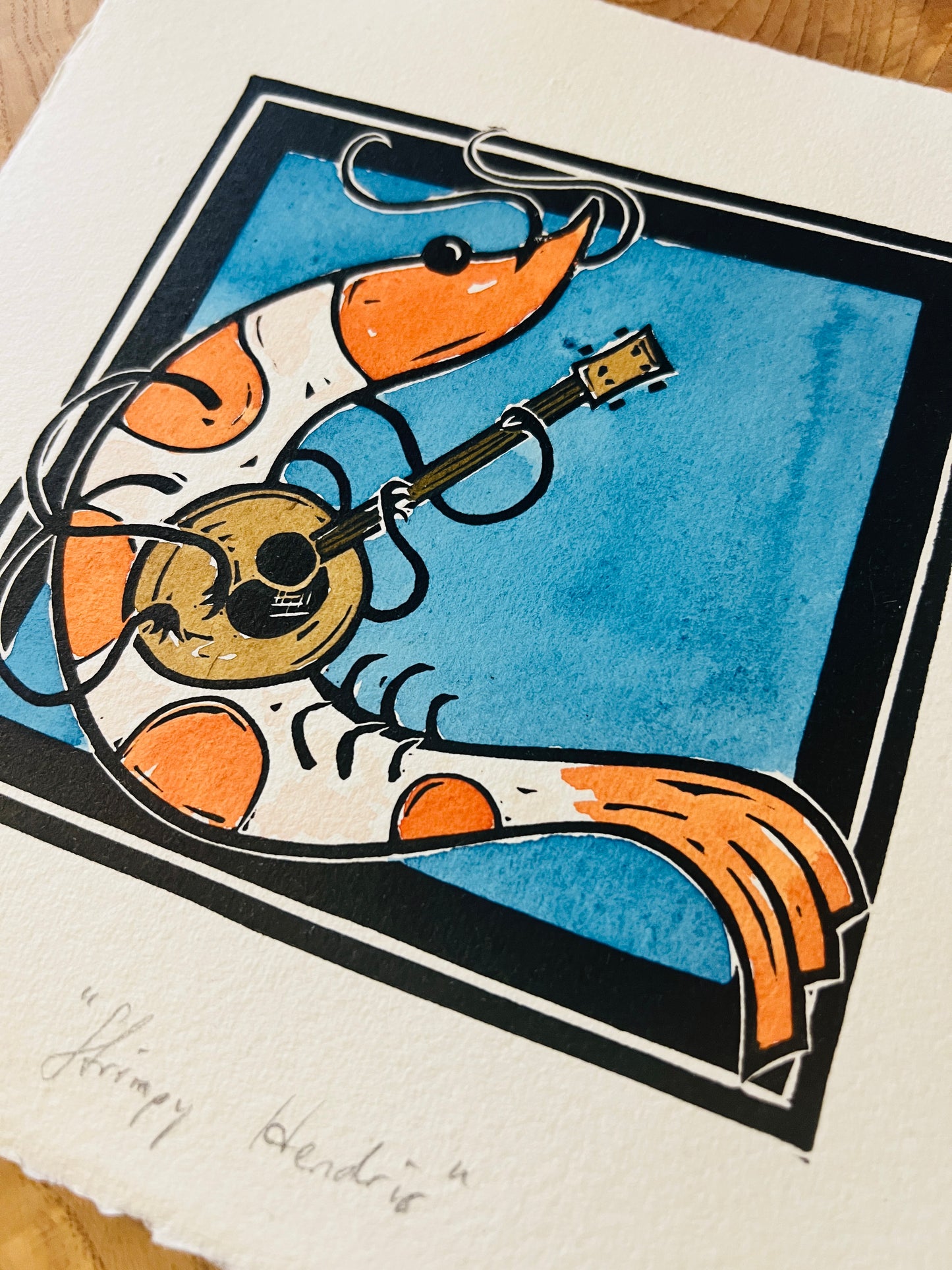 "Shrimpy Hendrix" Linolschnitt 20x20cm