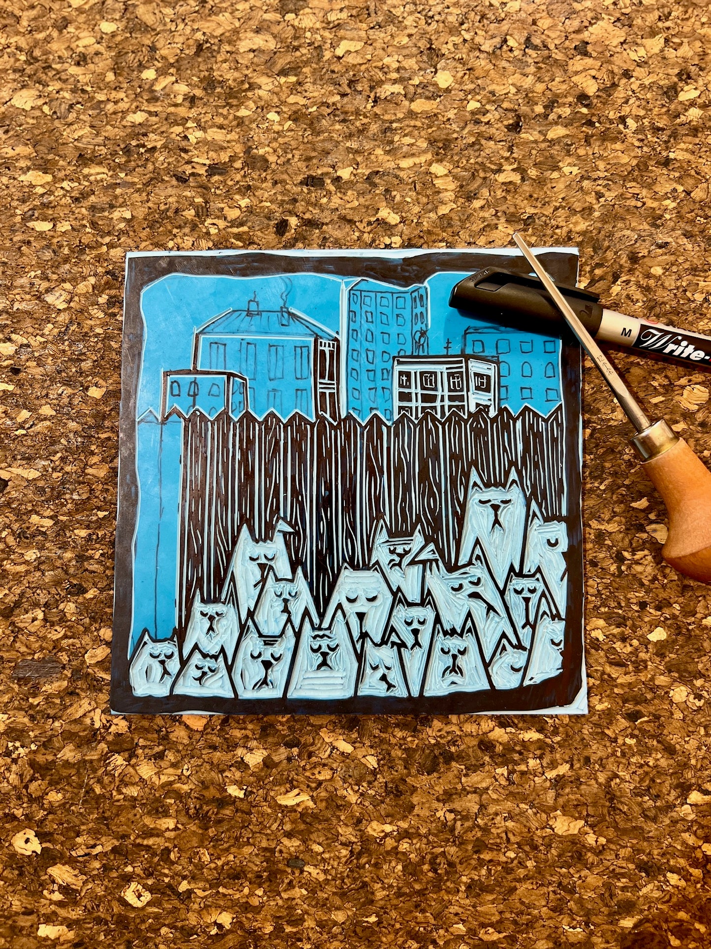 Bild "Stray Cats" Linolschnitt 20x20cm