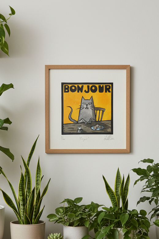 "Bonjour" Linolschnitt 20x20cm
