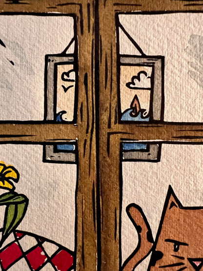 Katzenbild "Hausarrest" Linolschnitt 20x20cm