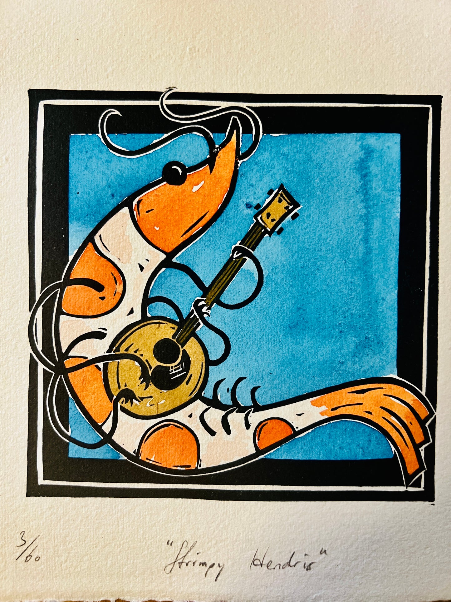 "Shrimpy Hendrix" Linolschnitt 20x20cm