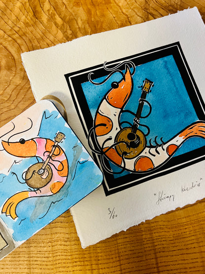 "Shrimpy Hendrix" Linolschnitt 20x20cm