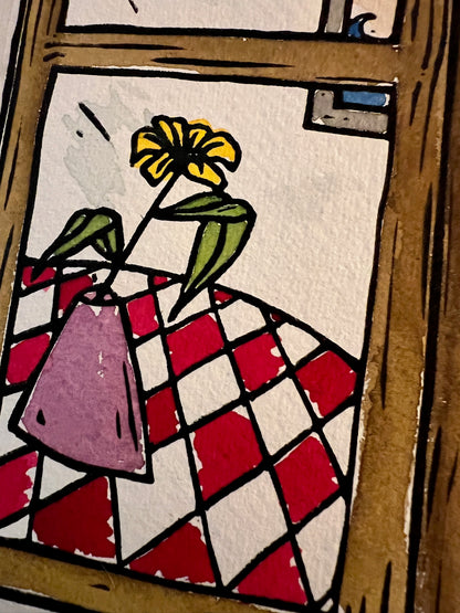 Katzenbild "Hausarrest" Linolschnitt 20x20cm