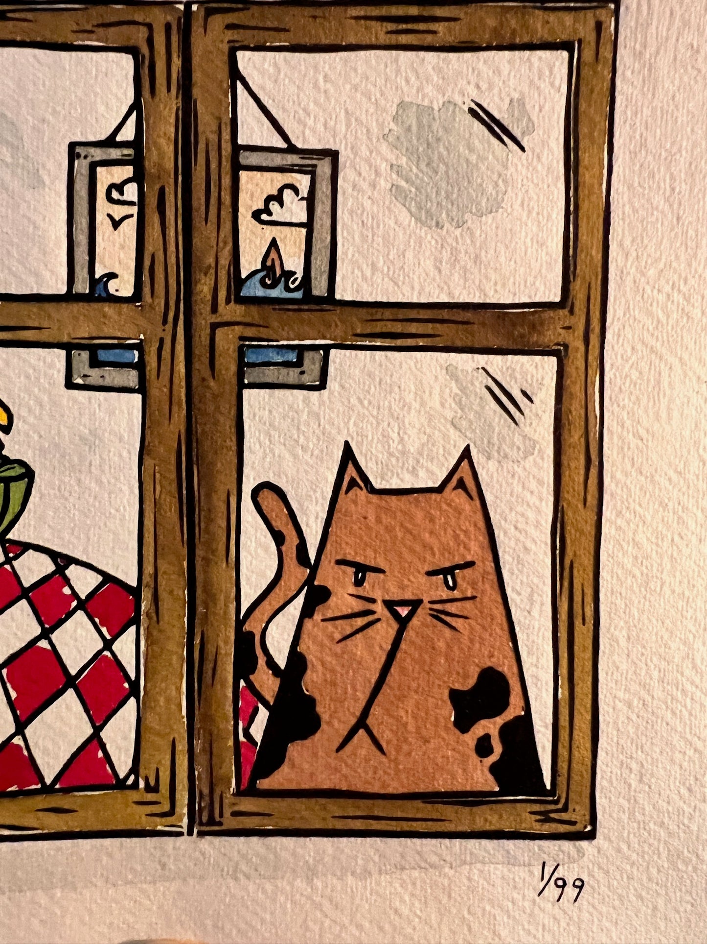 Katzenbild "Hausarrest" Linolschnitt 20x20cm