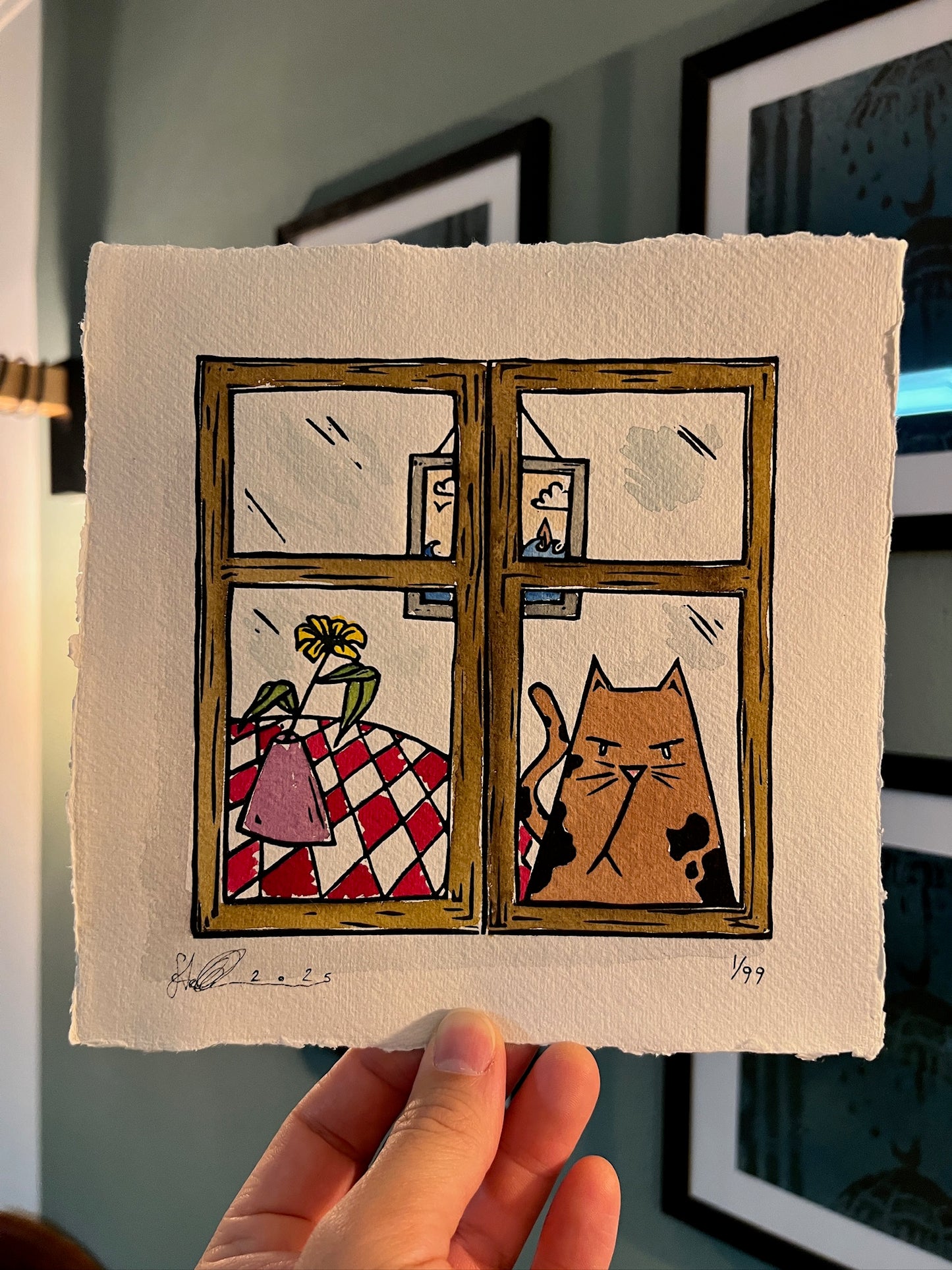 Katzenbild "Hausarrest" Linolschnitt 20x20cm