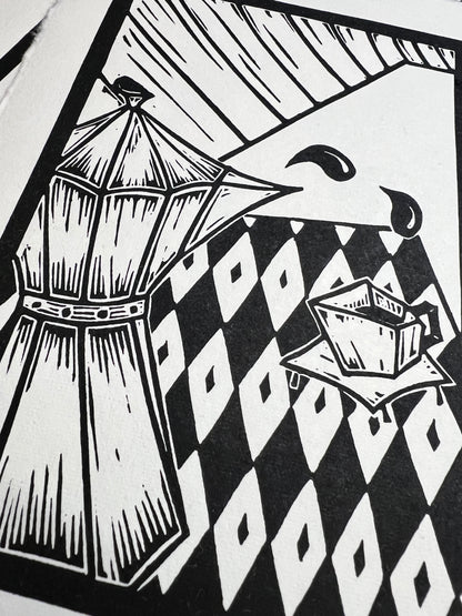 Bild "Kaffee Kubista" Linolschnitt A5